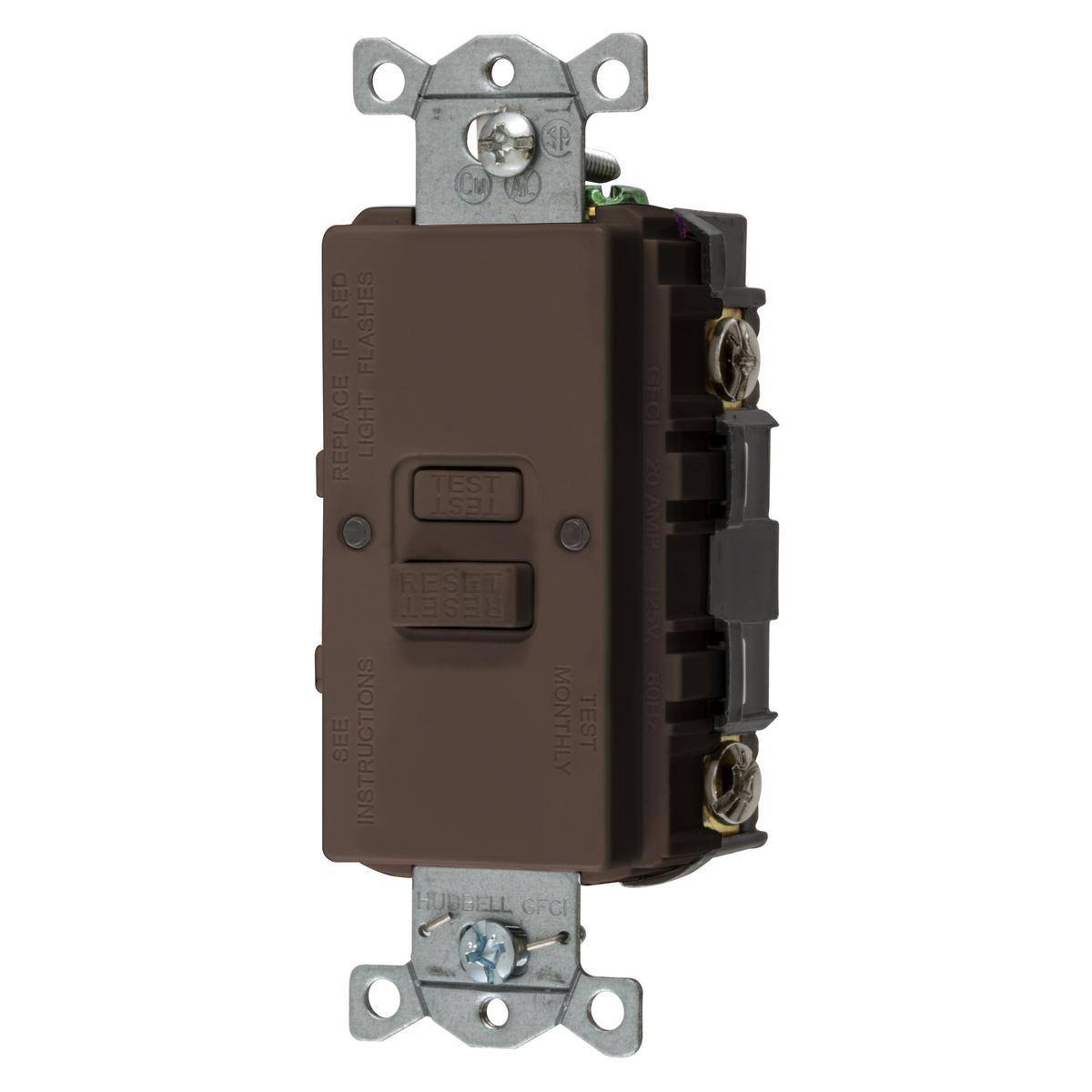 Wiring Device-Kellems AUTOGUARD® Style Line® GFBFST20 1-Phase Blank Face Heavy Duty Standard Self Test Screw Mount GFCI Receptacle, 125 VAC, 20 A, 2 Poles, 3 Wires, Brown