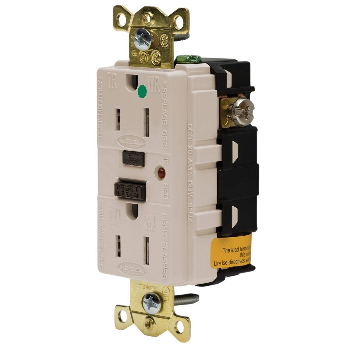 Wiring Device-Kellems GFR8200LATR 1-Phase Decorator Duplex Grounding Standard Straight Blade Tamper Resistant Screw Mount GFCI Receptacle With LED Indicator, 125 VAC, 15 A, 2 Poles, 3 Wires, Light Almond