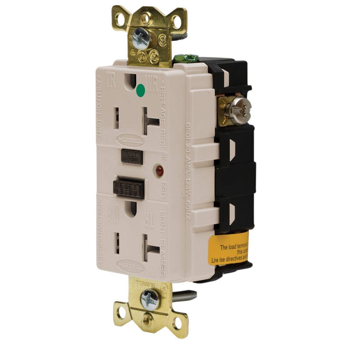 Wiring Device-Kellems GFR8300LATR Straight Blade Tamper Resistant GFCI Receptacle With LED Indicator, 125 VAC, 20 A, 2 Poles, 3 Wires, Light Almond