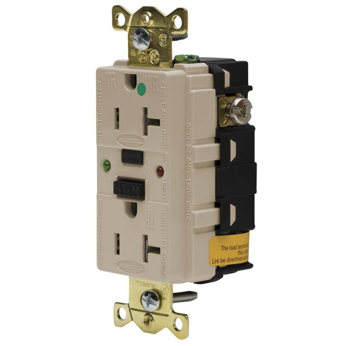 Wiring Device-Kellems GFR8300SGLA 1-Phase Decorator Duplex Straight Blade Tamper Resistant Standard Screw Mount GFCI Receptacle, 125 VAC, 15 A, 2 Poles, 3 Wires, Almond