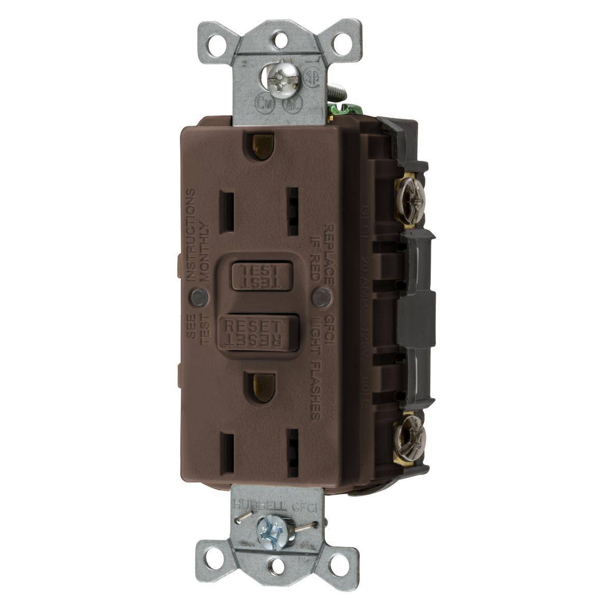 Bryant Electric AUTOGUARD® GFRST15BULK 1-Phase Auto Grounding Heavy Duty Self-Test Standard GFCI Receptacle With Alarm, 125 VAC, 15 A, 2 Poles, 3 Wires, Brown