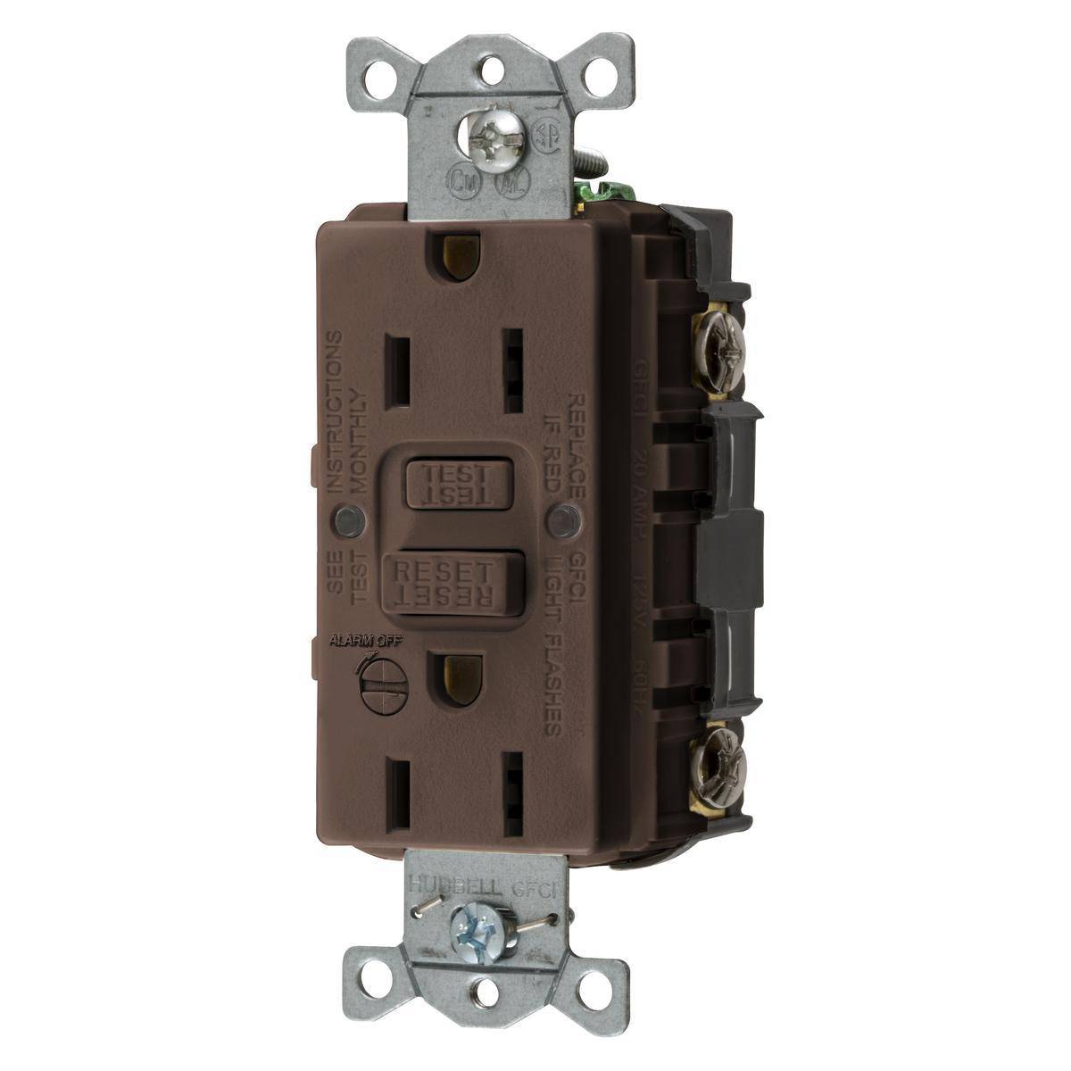 Bryant Electric CIRCUITPRO® GFRST15B 1-Phase Decorator Duplex Grounding Heavy Duty Self-Test Standard GFCI Receptacle With Alarm, 125 VAC, 15 A, 2 Poles, 3 Wires, Brown