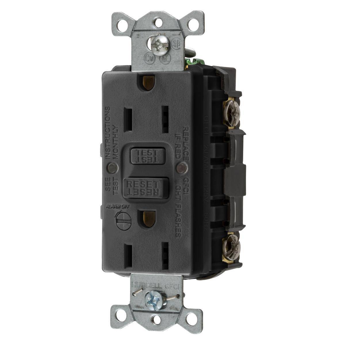 Bryant Electric CIRCUITPRO® GFRST15BKB 1-Phase Decorator Duplex Grounding Heavy Duty Self-Test Standard GFCI Receptacle With Alarm, 125 VAC, 15 A, 2 Poles, 3 Wires, Black
