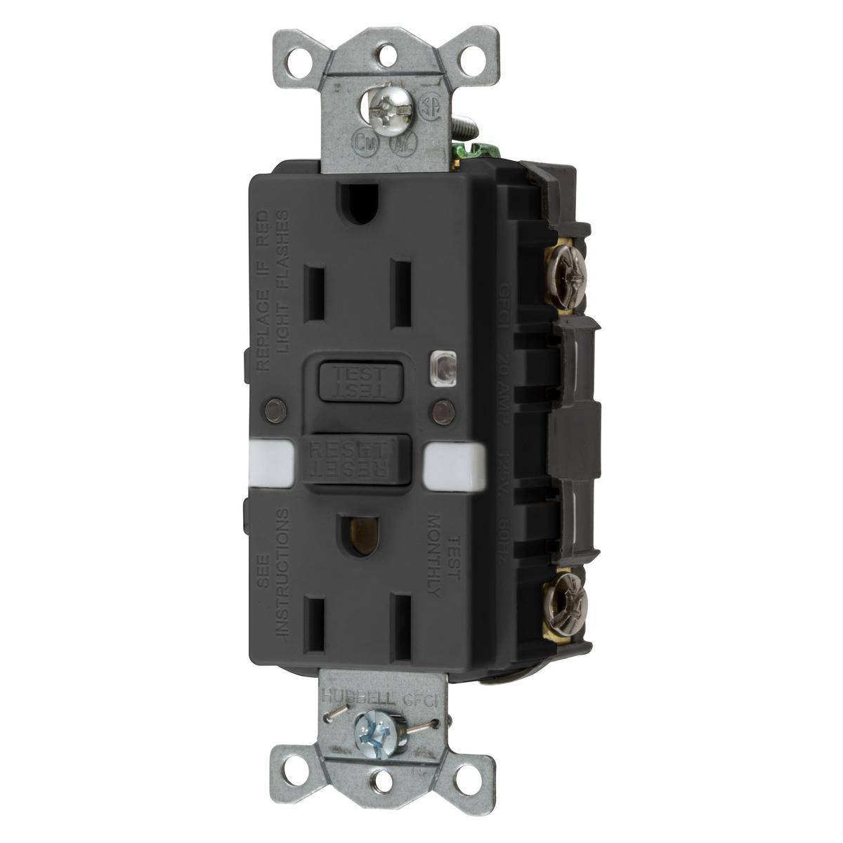 Wiring Device-Kellems GFRST15BKNL Decorator Duplex Grounding Heavy Duty Standard Self-Test Straight Blade GFCI Receptacle, 125 VAC, 15 A, 2 Poles, 3 Wires, Black