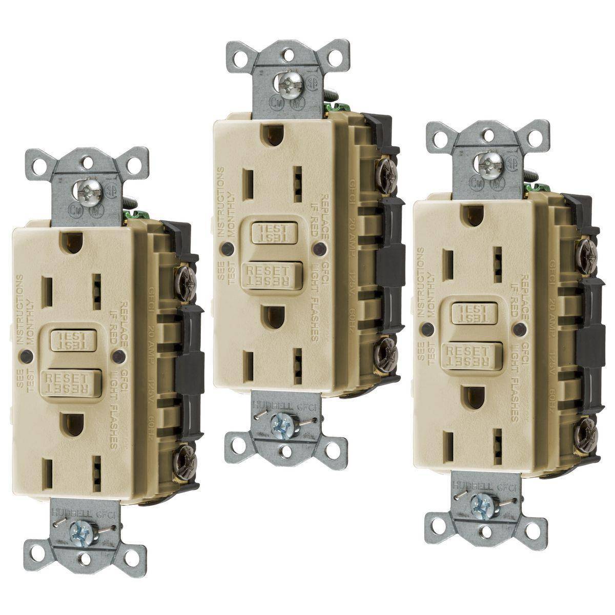 Bryant Electric CIRCUITPRO® GFRST15I3 1-Phase Grounding Heavy Duty Self-Test Standard GFCI Receptacle, 125 VAC, 15 A, 2 Poles, 3 Wires, Ivory