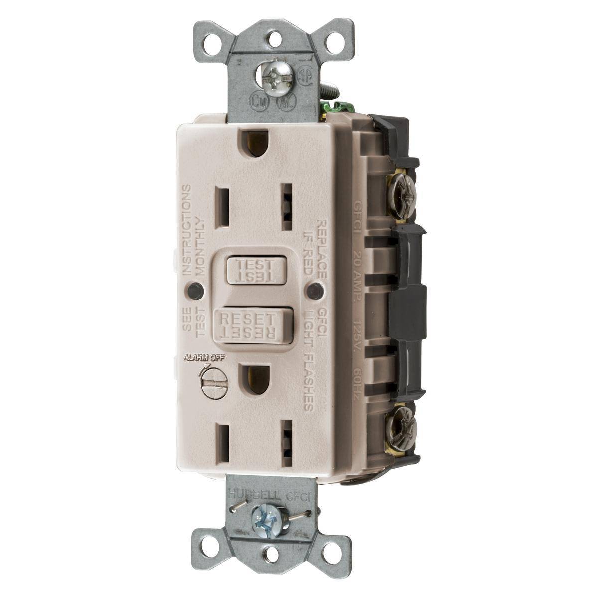 Bryant Electric CIRCUITPRO® GFRST15LAB 1-Phase Decorator Duplex Grounding Heavy Duty Self-Test Standard GFCI Receptacle With Alarm, 125 VAC, 15 A, 2 Poles, 3 Wires, Light Almond