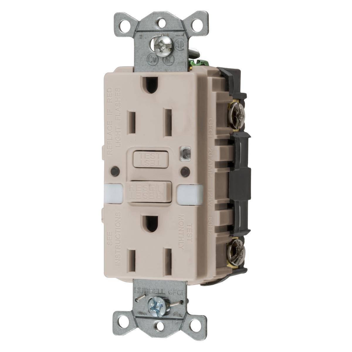Bryant Electric AUTOGUARD® GFRST15LANL Auto Grounding Heavy Duty Self-Test Standard GFCI Receptacle With (2) LED Night Lights, 125 VAC, 15 A, 2 Poles, 3 Wires, Light Almond