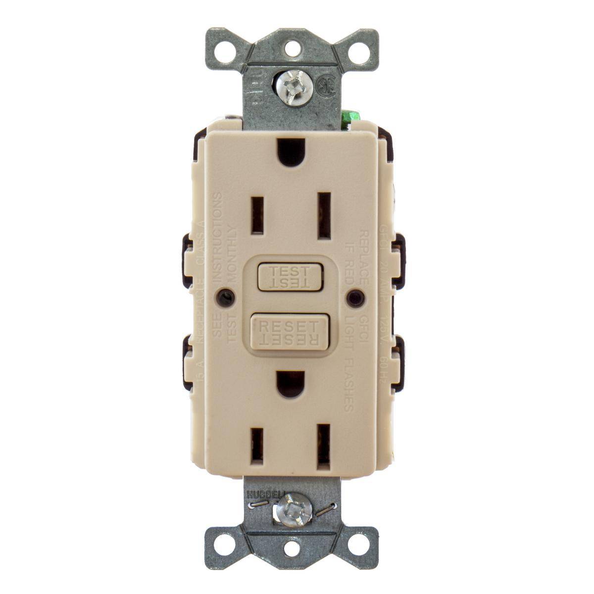 Bryant Electric AUTOGUARD® GFRST15LABULK Auto Grounding Heavy Duty Self-Test Standard GFCI Receptacle With Alarm, 125 VAC, 15 A, 2 Poles, 3 Wires, Light Almond