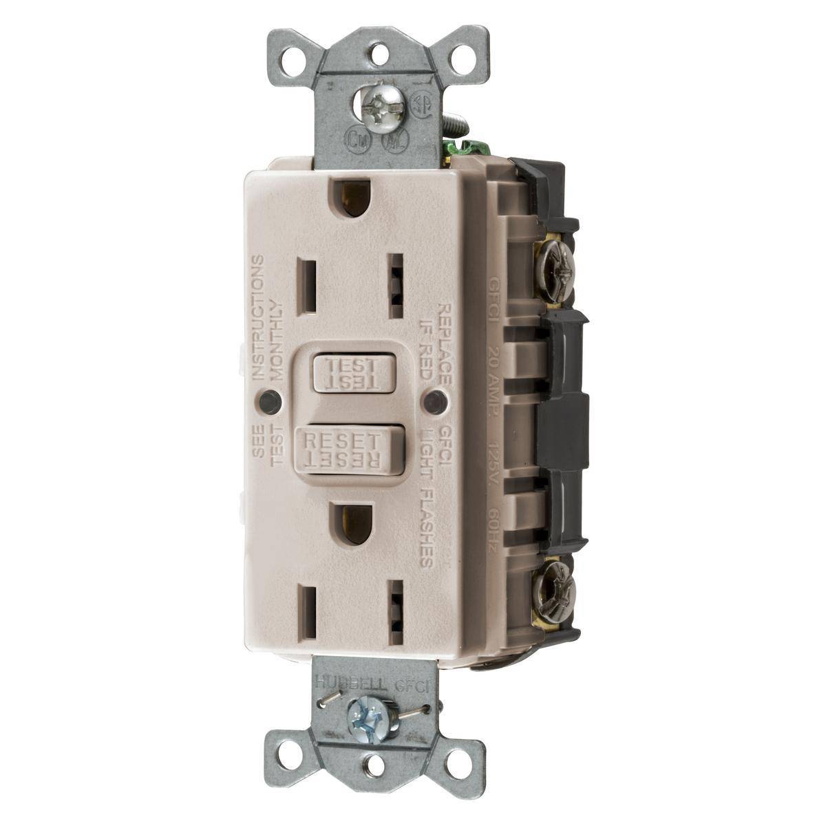 Bryant Electric AUTOGUARD® GFRST15LABULK Auto Grounding Heavy Duty Self-Test Standard GFCI Receptacle With Alarm, 125 VAC, 15 A, 2 Poles, 3 Wires, Light Almond