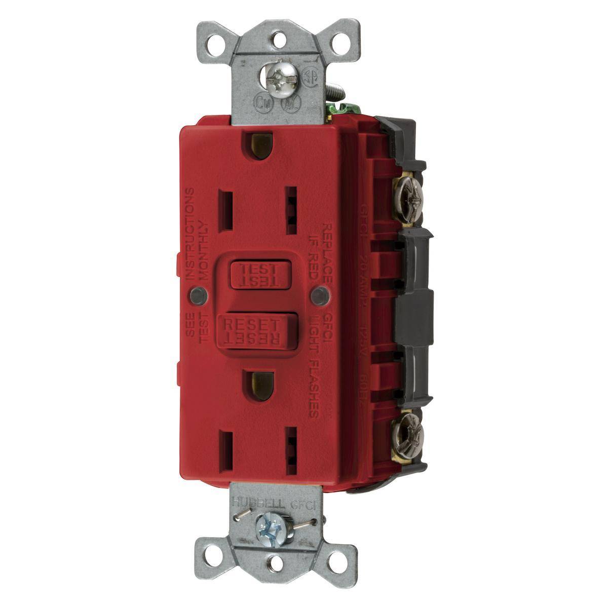 Wiring Device-Kellems AUTOGUARD® Style Line® GFRST15R 1-Phase Decorator Duplex Heavy Duty Standard Self-Test Screw Mount GFCI Receptacle, 125 VAC, 15 A, 2 Poles, 3 Wires, Red