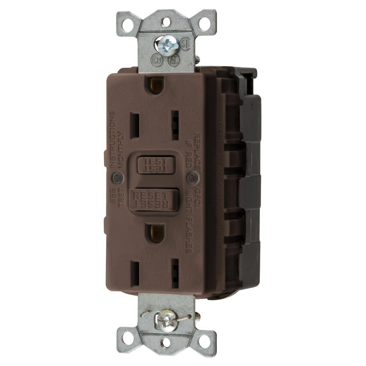 Wiring Device-Kellems SNAPConnect® StyleLine® GFRST15SNAP 1-Phase Heavy Duty Standard Self-Test GFCI Receptacle, 125 VAC, 15 A, 2 Poles, 3 Wires, Brown