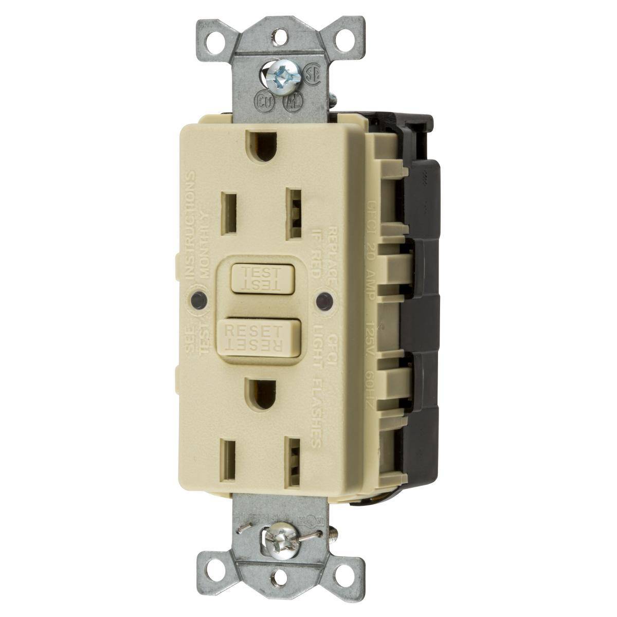 Wiring Device-Kellems SNAPConnect® StyleLine® GFRST15SNAPI 1-Phase Heavy Duty Standard Self-Test GFCI Receptacle, 125 VAC, 15 A, 2 Poles, 3 Wires, Ivory