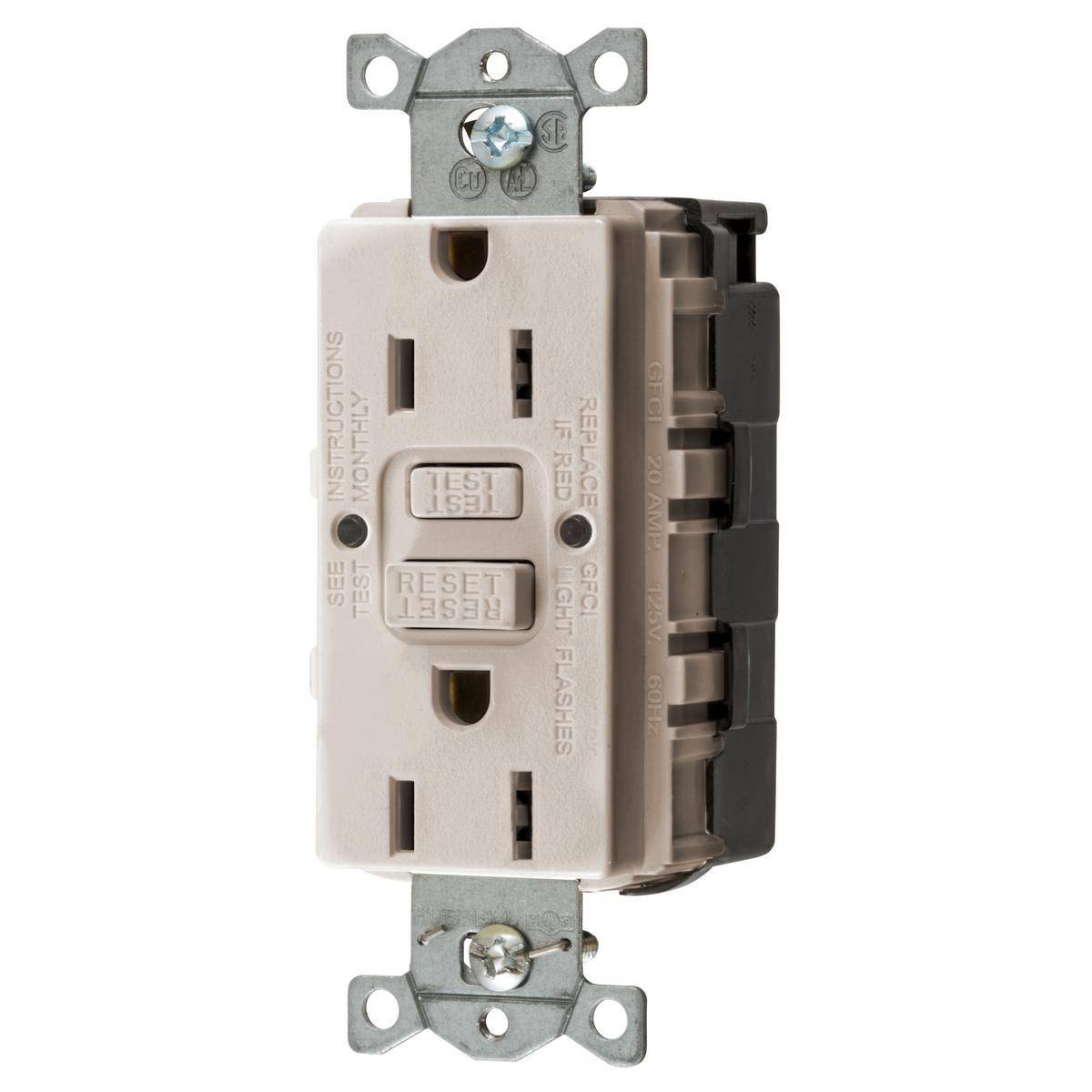 Wiring Device-Kellems GFRST15SNAPLA 1-Phase Heavy Duty Standard Self-Test GFCI Receptacle, 125 VAC, 15 A, 2 Poles, 3 Wires, Light Almond