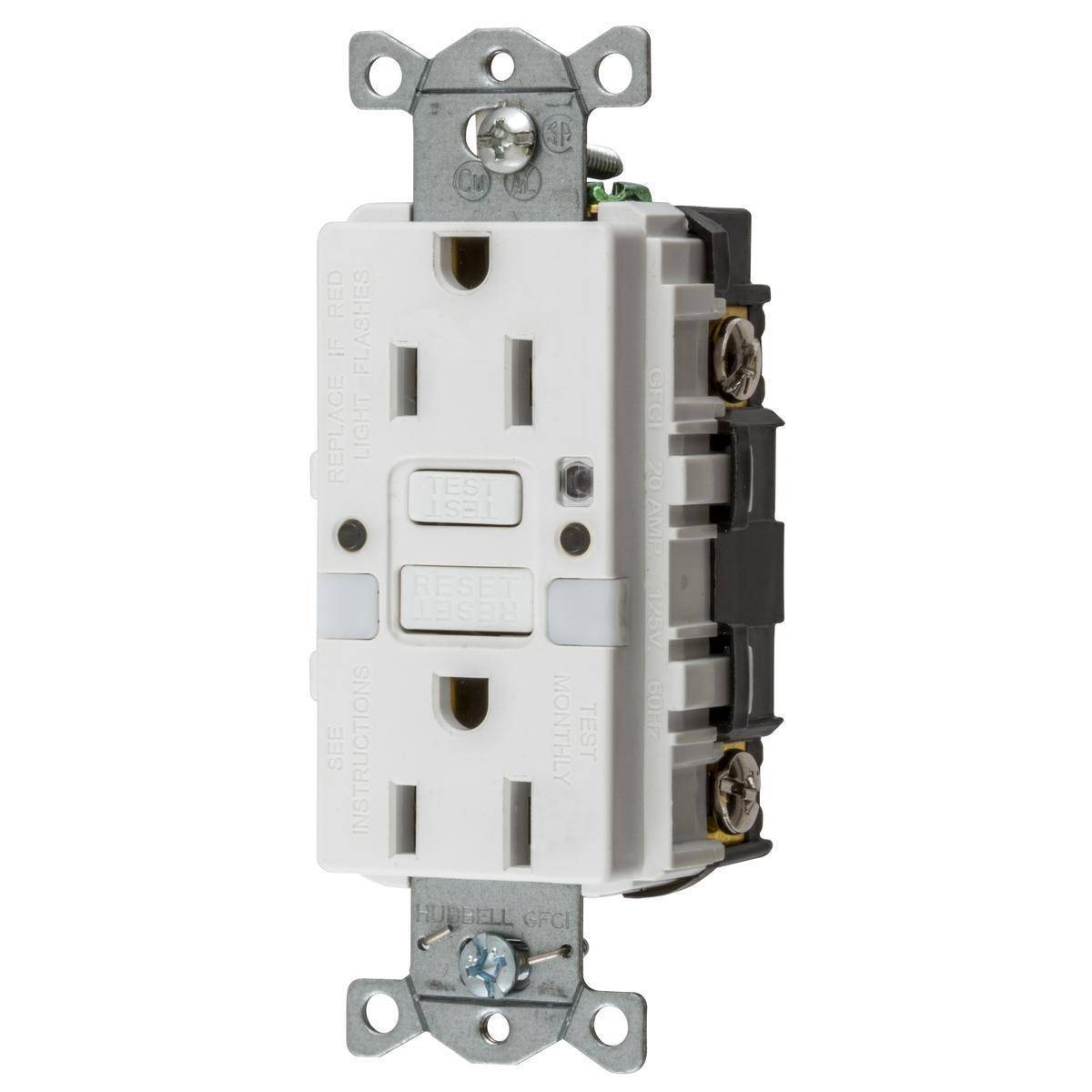 Bryant Electric AUTOGUARD® GFRST15WNL 1-Phase Auto Grounding Heavy Duty Self-Test Standard GFCI Receptacle With (2) LED Night Lights, 125 VAC, 15 A, 2 Poles, 3 Wires, White