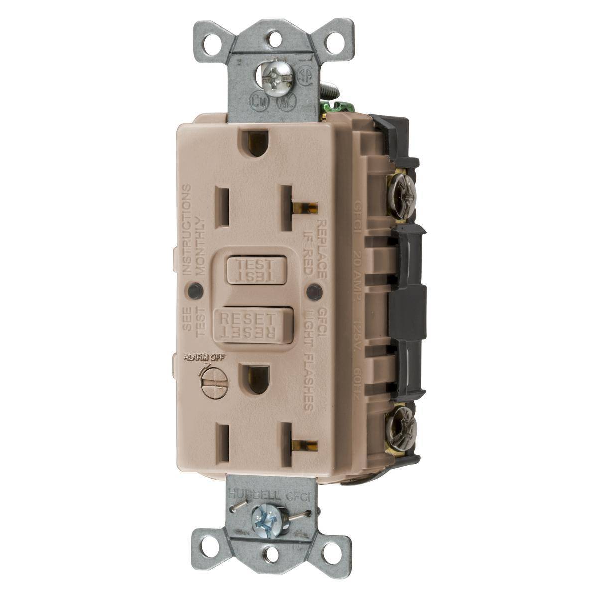 Bryant Electric CIRCUITPRO® GFRST20ALB 1-Phase Decorator Duplex Grounding Heavy Duty Self-Test Standard GFCI Receptacle With Alarm, 125 VAC, 20 A, 2 Poles, 3 Wires, Almond