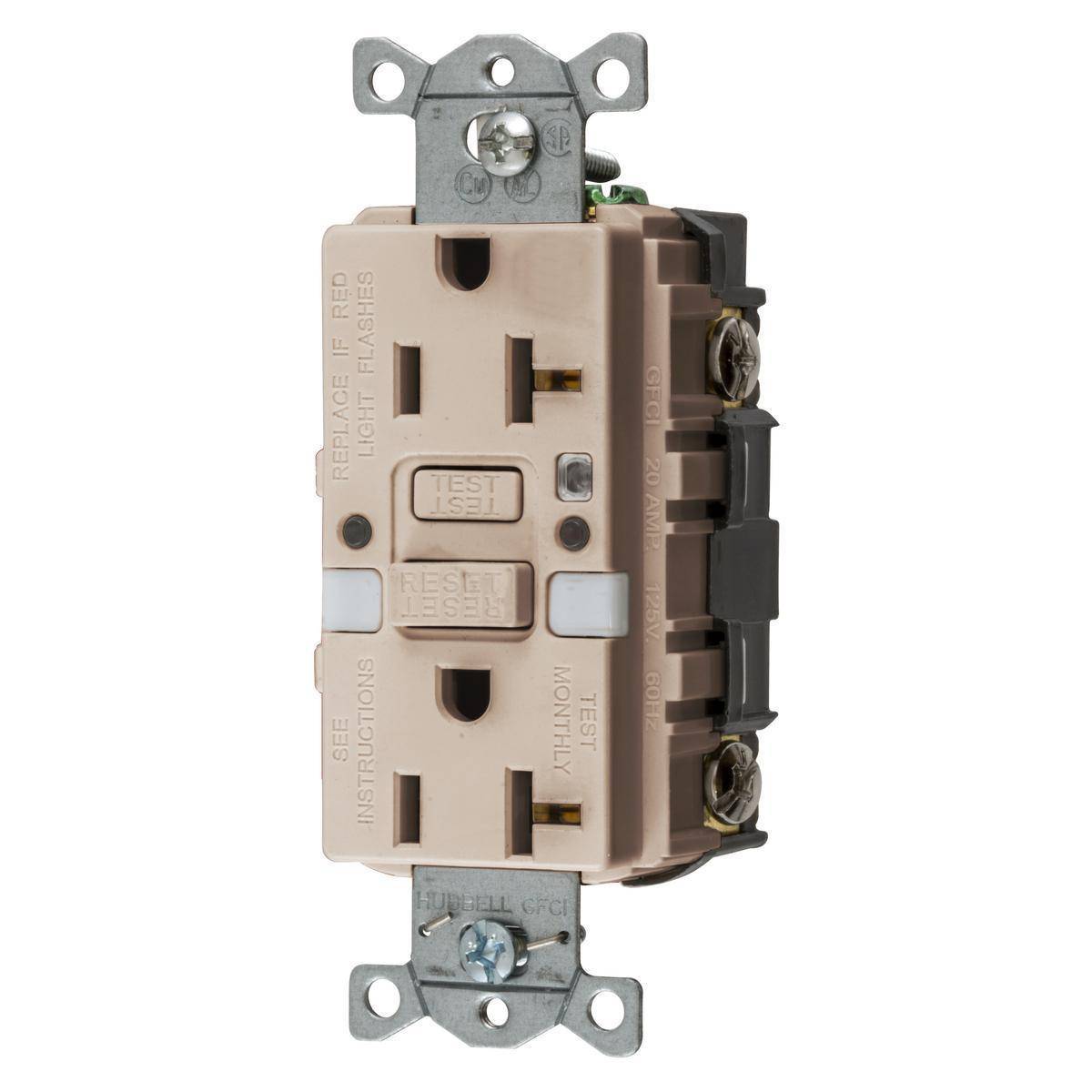 Bryant Electric AUTOGUARD® GFRST20ALNL Auto Grounding Heavy Duty Self-Test Standard GFCI Receptacle With (2) LED Night Lights, 125 VAC, 20 A, 2 Poles, 3 Wires, Almond