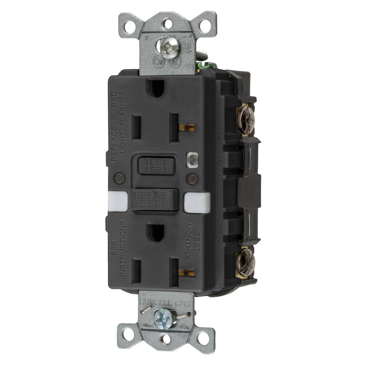 Wiring Device-Kellems AUTOGUARD® Style Line GFRST20BKNL Decorator Duplex Grounding Heavy Duty Standard Self-Test Straight Blade GFCI Receptacle With Two LED Nightlight, 125 VAC, 20 A, 2 Poles, 3 Wires, Black