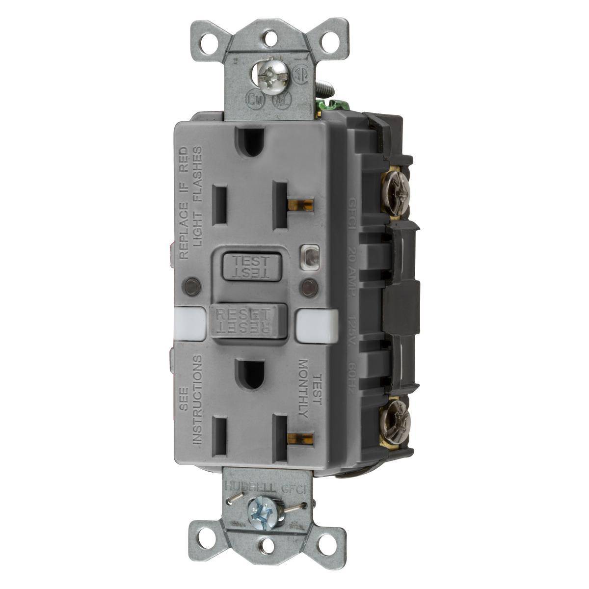 Bryant Electric AUTOGUARD® GFRST20GYNL Auto Grounding Heavy Duty Self-Test Standard GFCI Receptacle With (2) LED Night Lights, 125 VAC, 20 A, 2 Poles, 3 Wires, Gray