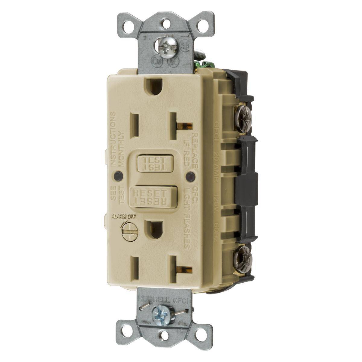 Bryant Electric CIRCUITPRO® GFRST20IB Grounding Heavy Duty Self-Test Standard GFCI Receptacle With Alarm, 125 VAC, 20 A, 2 Poles, 3 Wires, Ivory