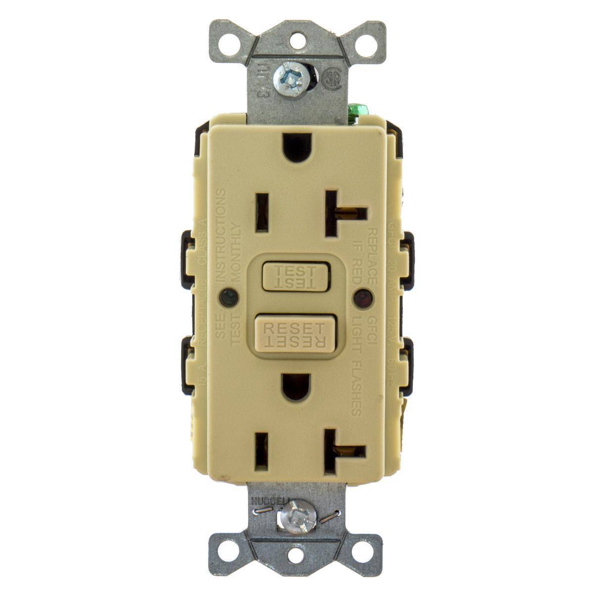Wiring Device-Kellems GFRST20IBULK 1-Phase Decorator Duplex Heavy Duty Standard Straight Blade Self-Test Screw Mount GFCI Receptacle, 125 VAC, 20 A, 2 Poles, 3 Wires, Ivory