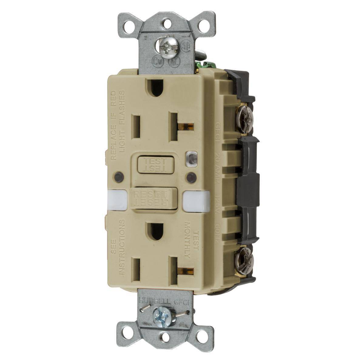 Wiring Device-Kellems AUTOGUARD® Style Line® GFRST20INL 1-Phase Decorator Duplex Grounding Heavy Duty Standard Self-Test Straight Blade Screw Mount GFCI Receptacle With Two LED Nightlight, 125 VAC, 20 A, 2 Poles, 3 Wires, Ivory