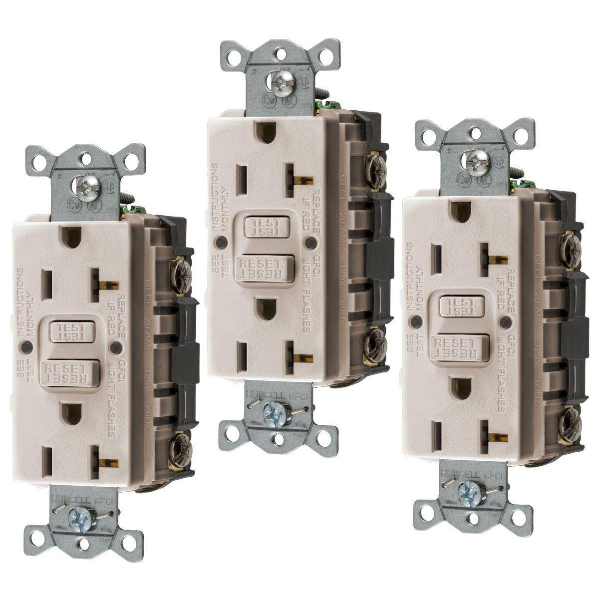 Bryant Electric CIRCUITPRO® GFRST20LA3 Grounding Heavy Duty Self-Test Standard GFCI Receptacle, 125 VAC, 20 A, 2 Poles, 3 Wires, Light Almond