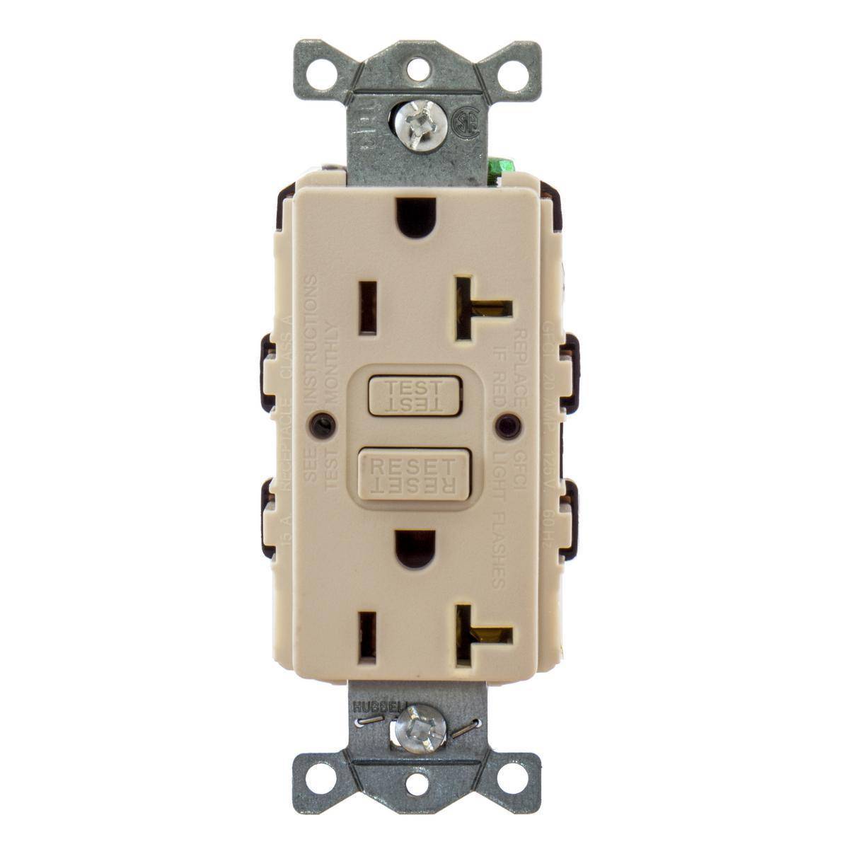 Bryant Electric AUTOGUARD® GFRST20LABULK Auto Grounding Heavy Duty Self-Test Standard GFCI Receptacle With Alarm, 125 VAC, 20 A, 2 Poles, 3 Wires, Light Almond
