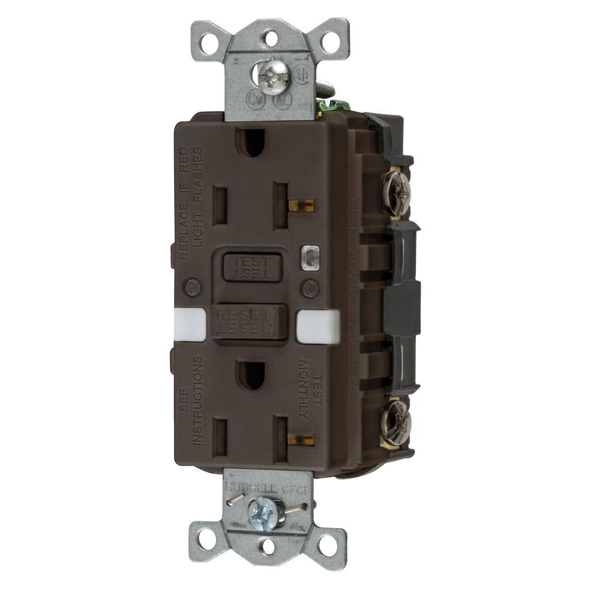 Bryant Electric AUTOGUARD® GFRST20NL Auto Grounding Heavy Duty Self-Test Standard GFCI Receptacle With (2) LED Night Lights, 125 VAC, 20 A, 2 Poles, 3 Wires, Brown