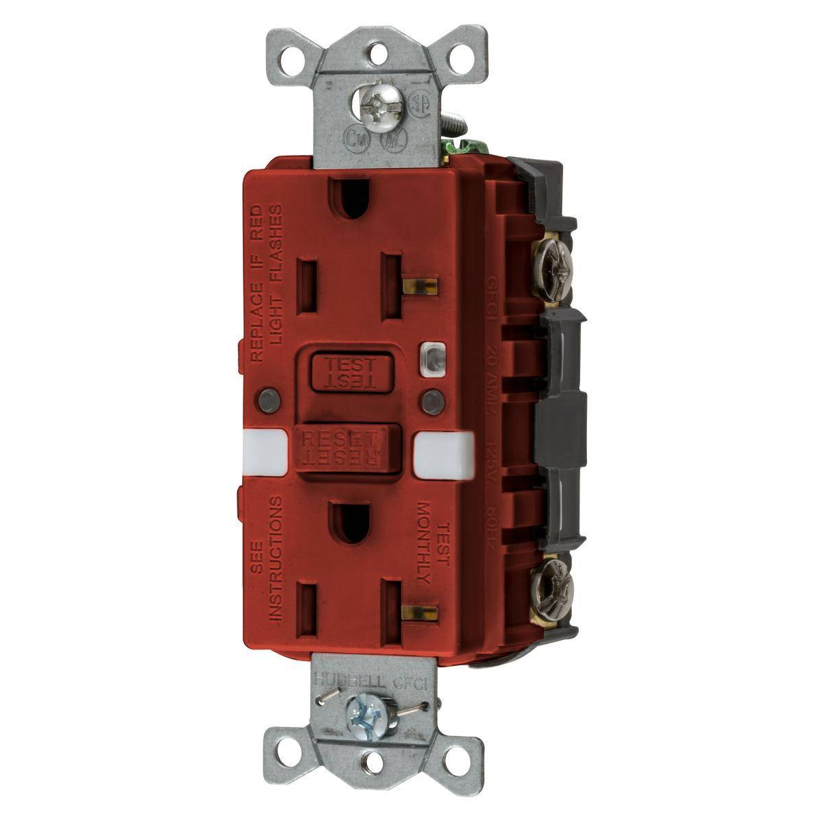 Bryant Electric AUTOGUARD® GFRST20RNL Auto Grounding Heavy Duty Self-Test Standard GFCI Receptacle With (2) LED Night Lights and Alarm, 125 VAC, 20 A, 2 Poles, 3 Wires, Red