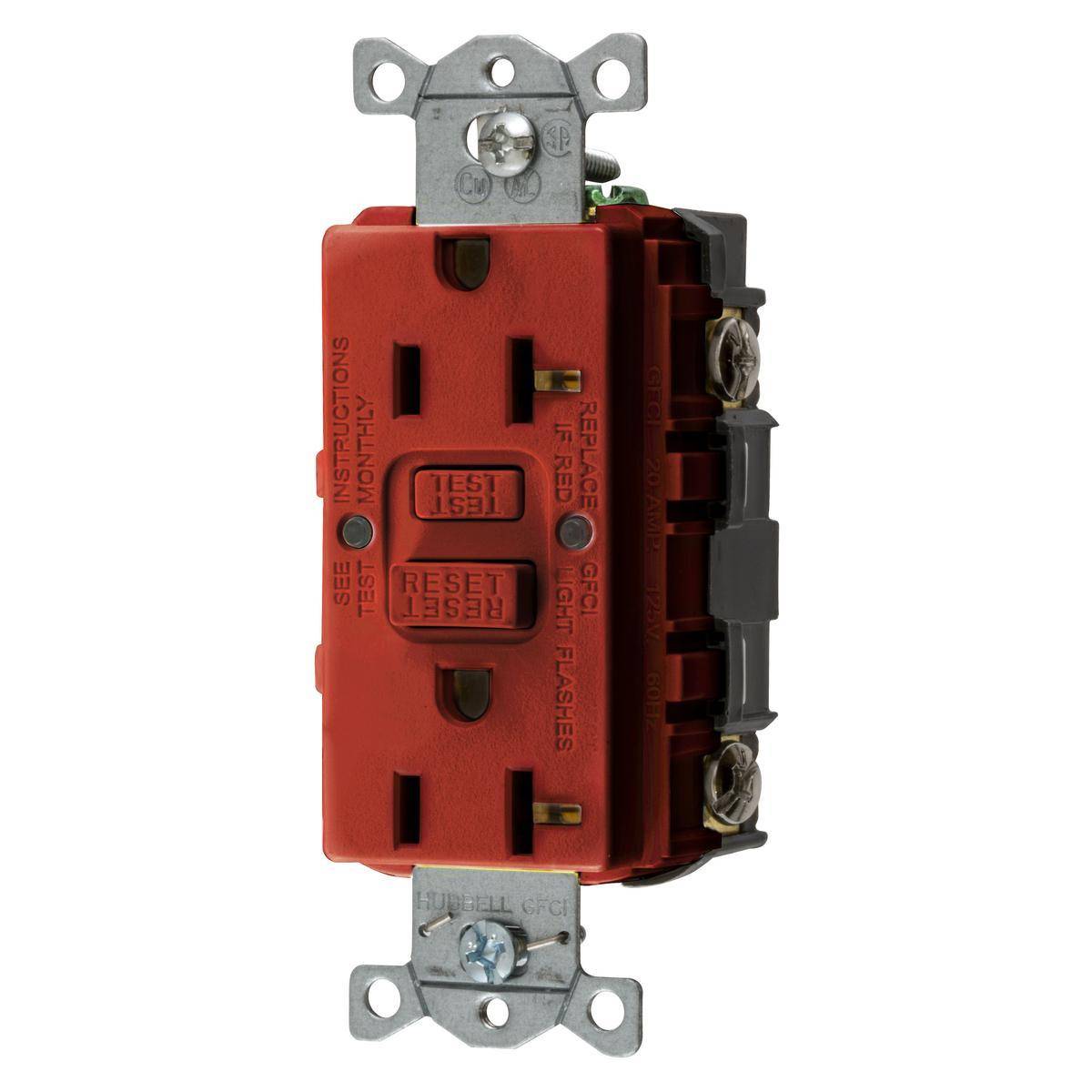 Bryant Electric AUTOGUARD® GFRST20RBULK Auto Grounding Heavy Duty Self-Test Standard GFCI Receptacle With Alarm, 125 VAC, 20 A, 2 Poles, 3 Wires, Red