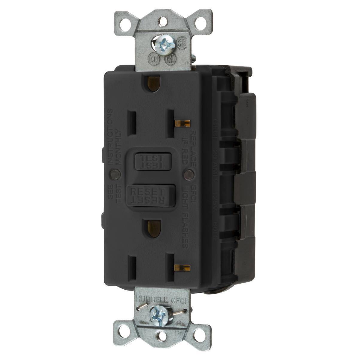 Wiring Device-Kellems SNAPConnect® GFRST20SNAPBK 1-Phase Duplex Heavy Duty Insulated Self-Test Standard Screw Mount GFCI Receptacle, 125 VAC, 20 A, 2 Poles, 3 Wires, Black