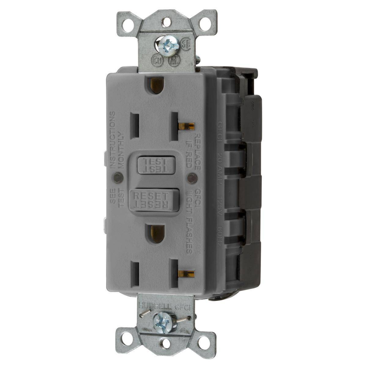 Wiring Device-Kellems GFRST20SNAPGY 1-Phase Decorator Duplex Heavy Duty Standard Self-Test Screw Mount GFCI Receptacle, 125 VAC, 20 A, 2 Poles, 3 Wires, Gray