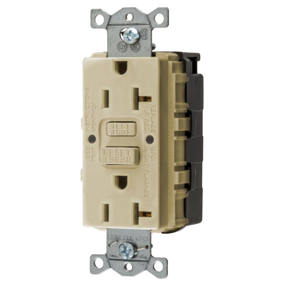 Wiring Device-Kellems GFRST20SNAPI 1-Phase Decorator Duplex Heavy Duty Standard Self-Test Screw Mount GFCI Receptacle, 125 VAC, 20 A, 2 Poles, 3 Wires, Ivory
