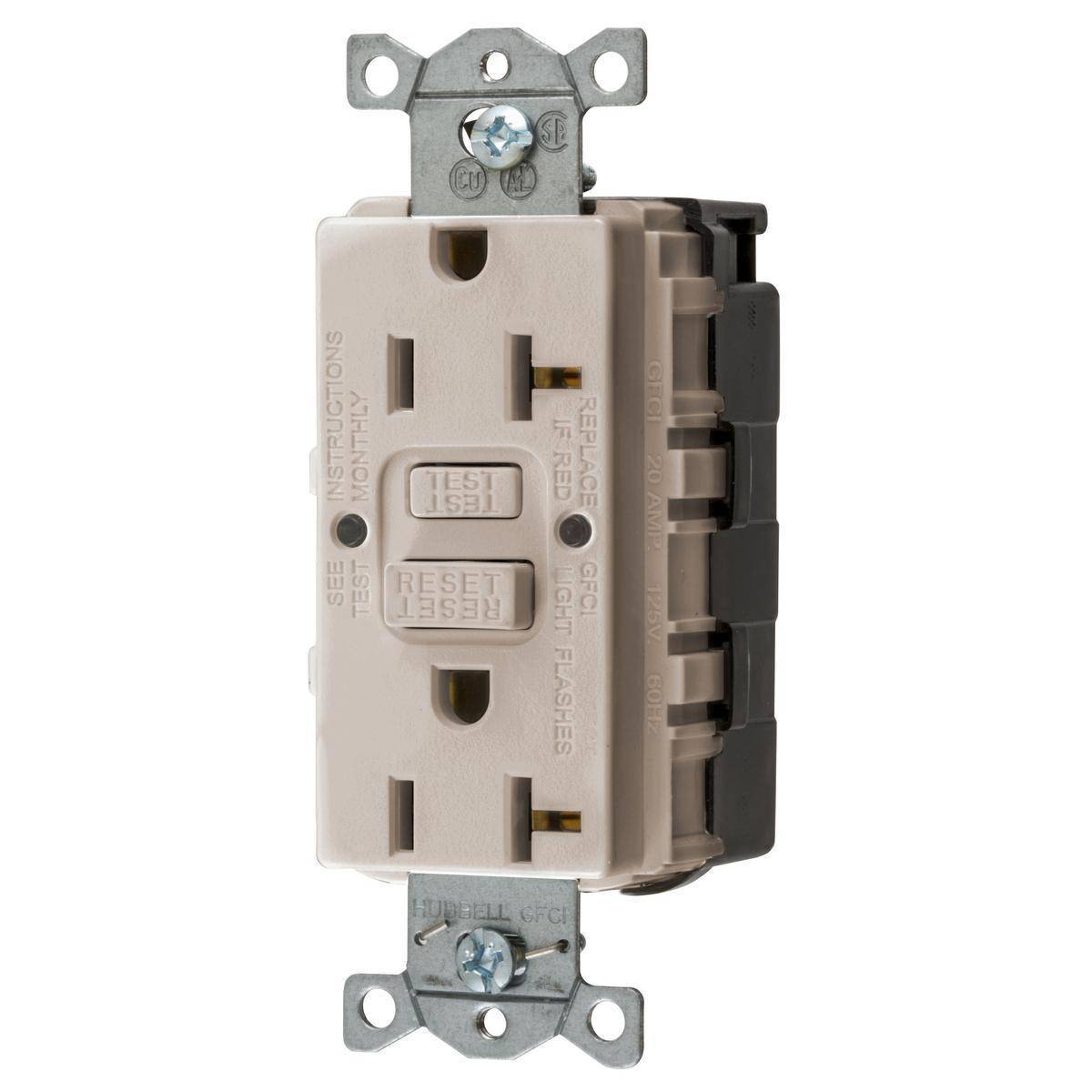 Wiring Device-Kellems GFRST20SNAPLA 1-Phase Decorator Duplex Heavy Duty Self-Test Screw Mount GFCI Receptacle, 125 VAC, 20 A, 2 Poles, 3 Wires, Light Almond