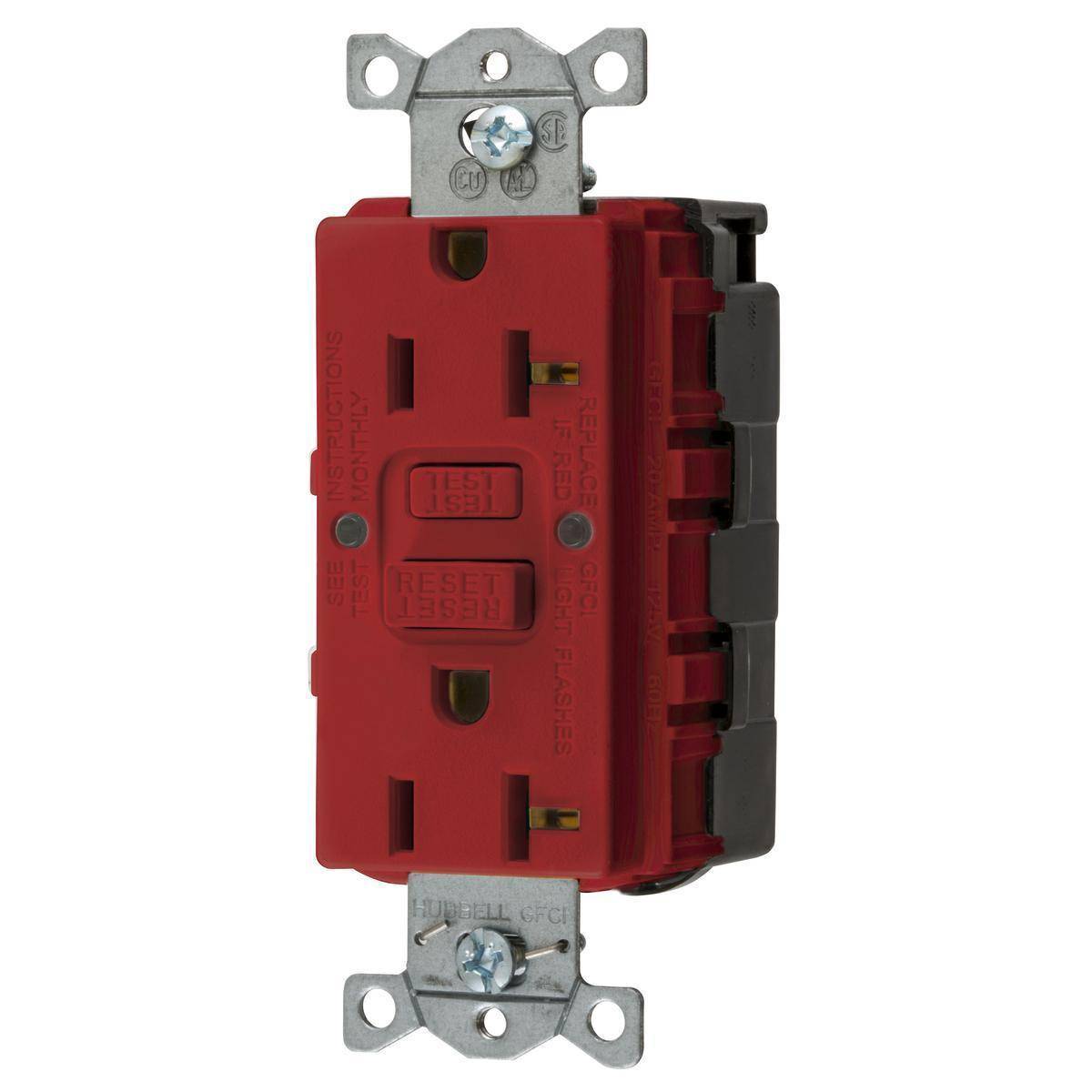 Wiring Device-Kellems SNAPConnect® Style Line® GFRST20SNAPR 1-Phase Decorator Duplex Heavy Duty Standard Self-Test Screw Mount GFCI Receptacle, 125 VAC, 20 A, 2 Poles, 3 Wires, Red