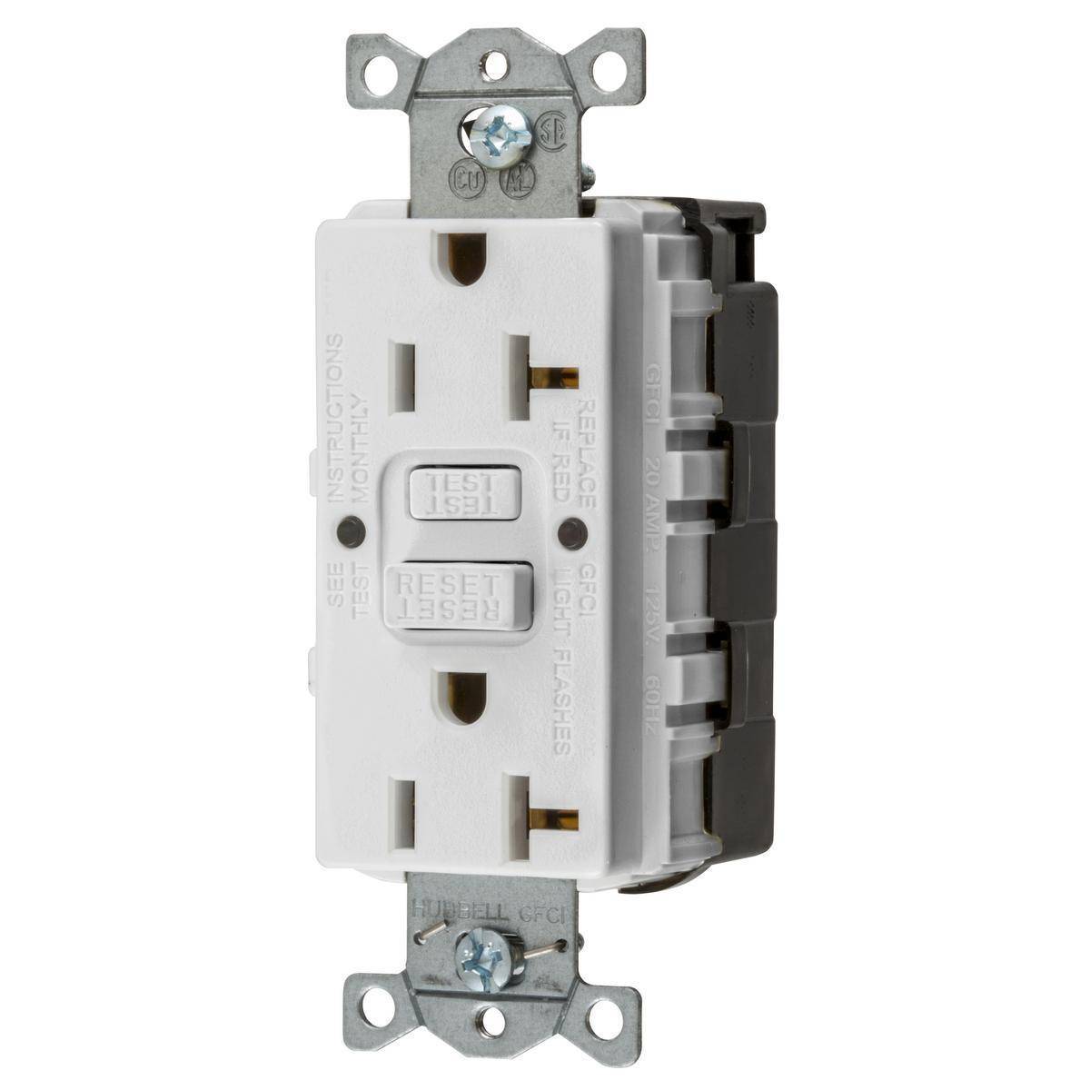 Wiring Device-Kellems SNAPConnect® Style Line® GFRST20SNAPWNA 1-Phase Duplex Heavy Duty Insulated Self-Test Standard Screw Mount GFCI Receptacle, 125 VAC, 20 A, 2 Poles, 3 Wires, White
