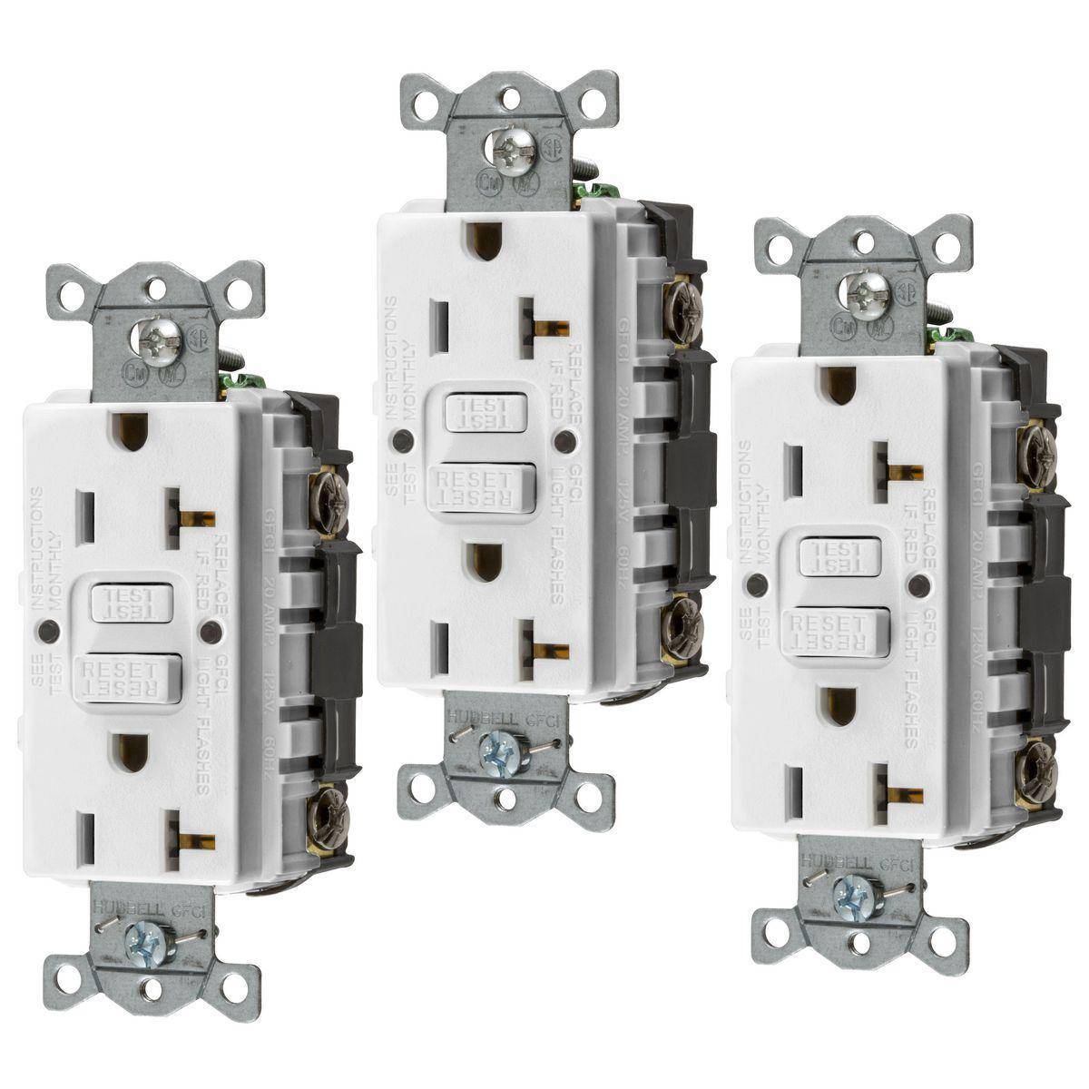 Bryant Electric CIRCUITPRO® GFRST20W3 1-Phase Duplex Grounding Heavy Duty Insulated Self-Test Standard Tamper Resistant GFCI Receptacle With Night Light, 125 VAC, 20 A, 2 Poles, 3 Wires, White