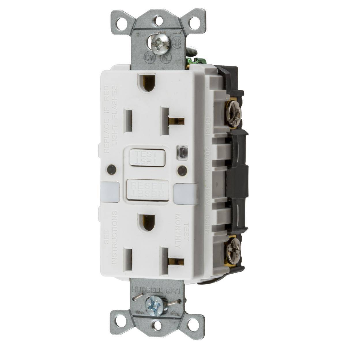 Bryant Electric AUTOGUARD® GFRST20WNL 1-Phase Auto Grounding Heavy Duty Self-Test Standard GFCI Receptacle With (2) LED Night Lights, 125 VAC, 20 A, 2 Poles, 3 Wires, White