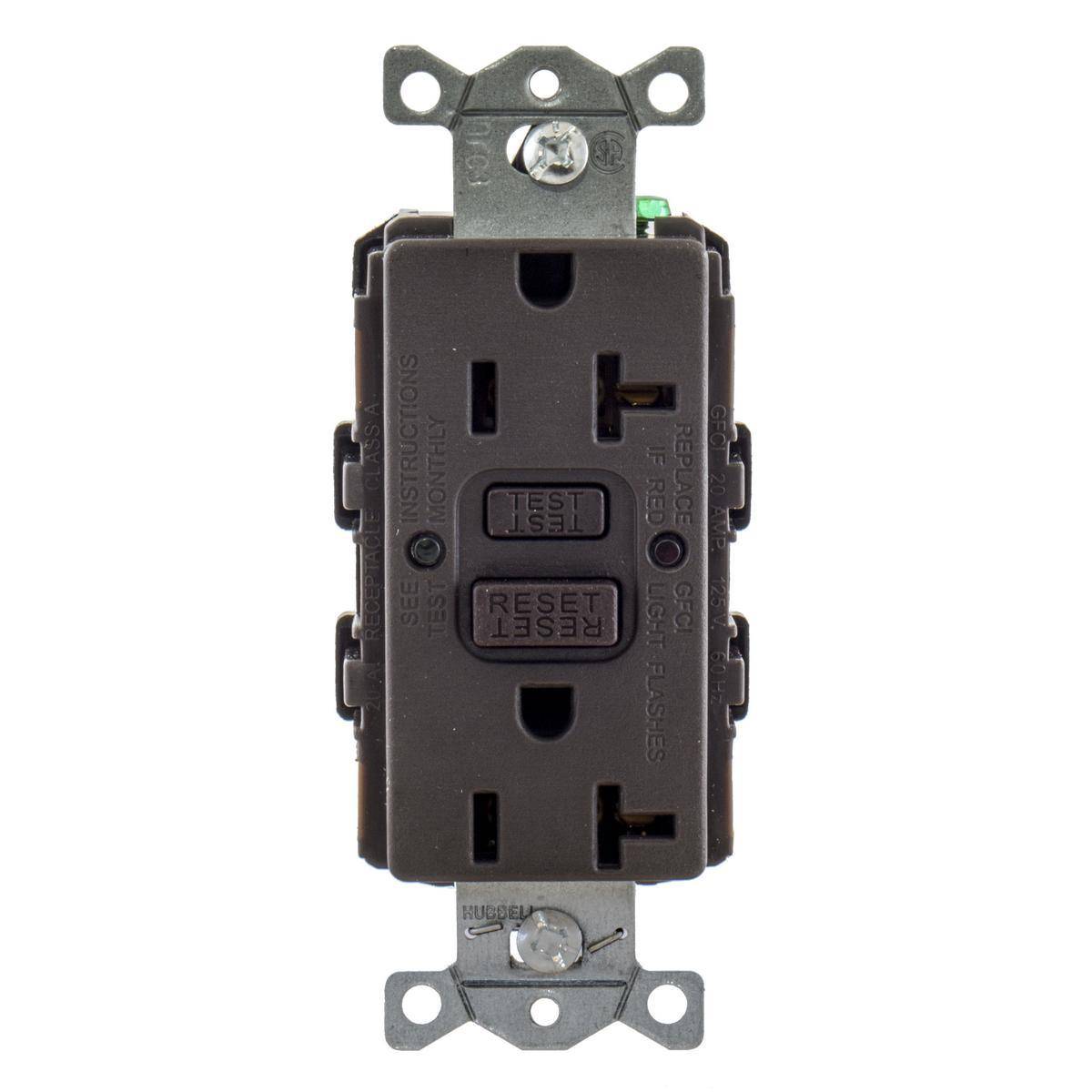 Wiring Device-Kellems AUTOGUARD® Style Line® GFRST20BULK 1-Phase Decorator Duplex Heavy Duty Standard Straight Blade Self-Test Screw Mount GFCI Receptacle, 125 VAC, 20 A, 2 Poles, 3 Wires, Brown