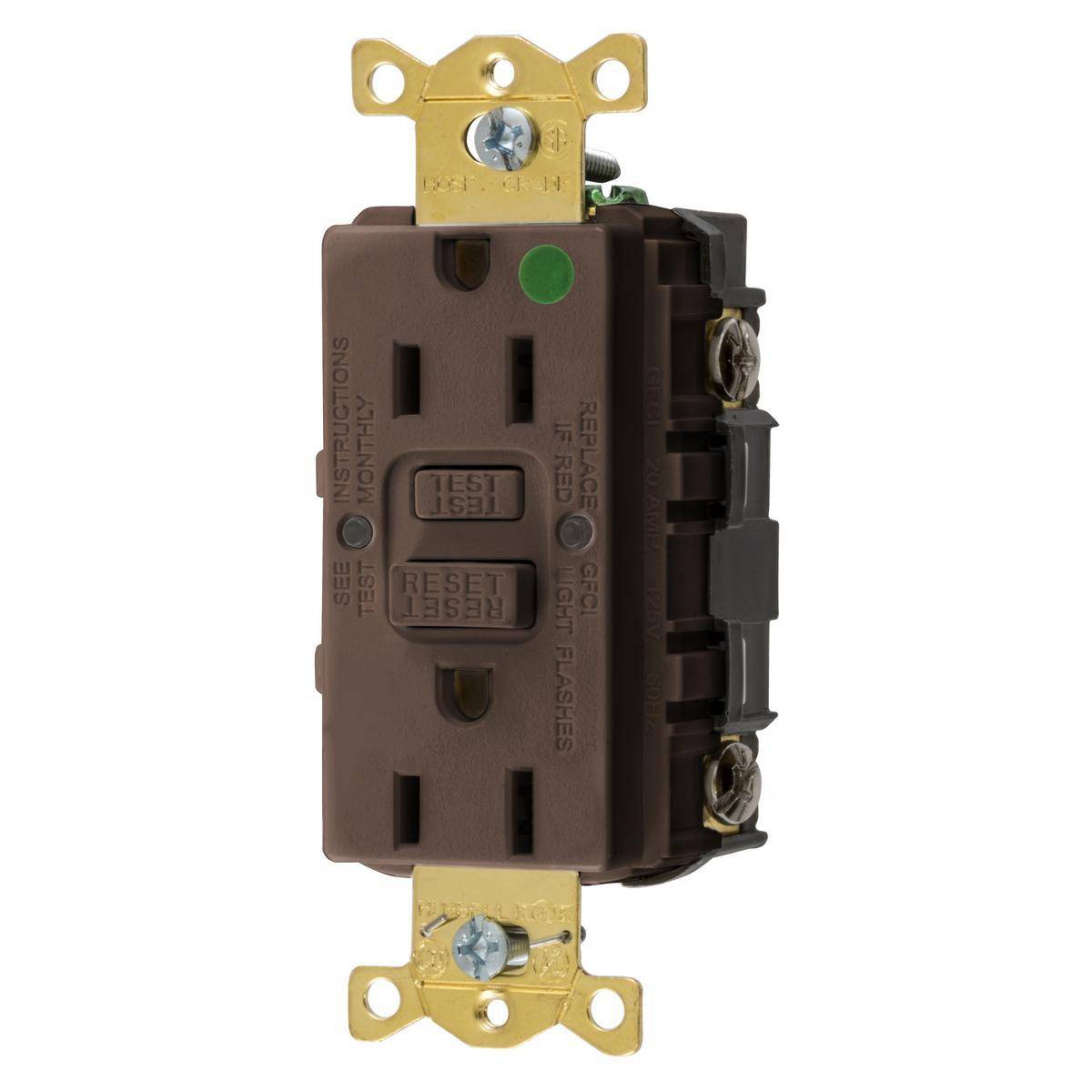 Wiring Device-Kellems GFRST82 1-Phase Decorator Duplex Self-Test Standard Straight Blade Self-Grounding Screw Mount GFCI Receptacle, 125 VAC, 15 A, 2 Poles, 3 Wires, Brown
