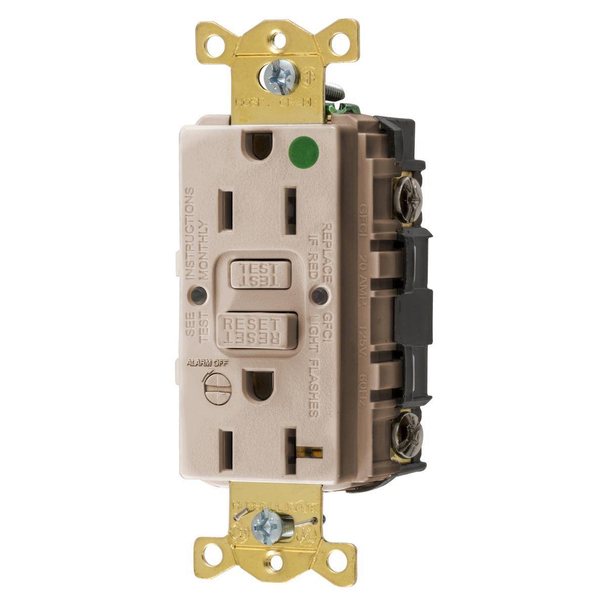 Wiring Device-Kellems AUTOGUARD® GFRST82ALB Self-Test Standard Style Line GFCI Receptacle With Alarm, 125 VAC, 15 A, 2 Poles, 3 Wires, Almond