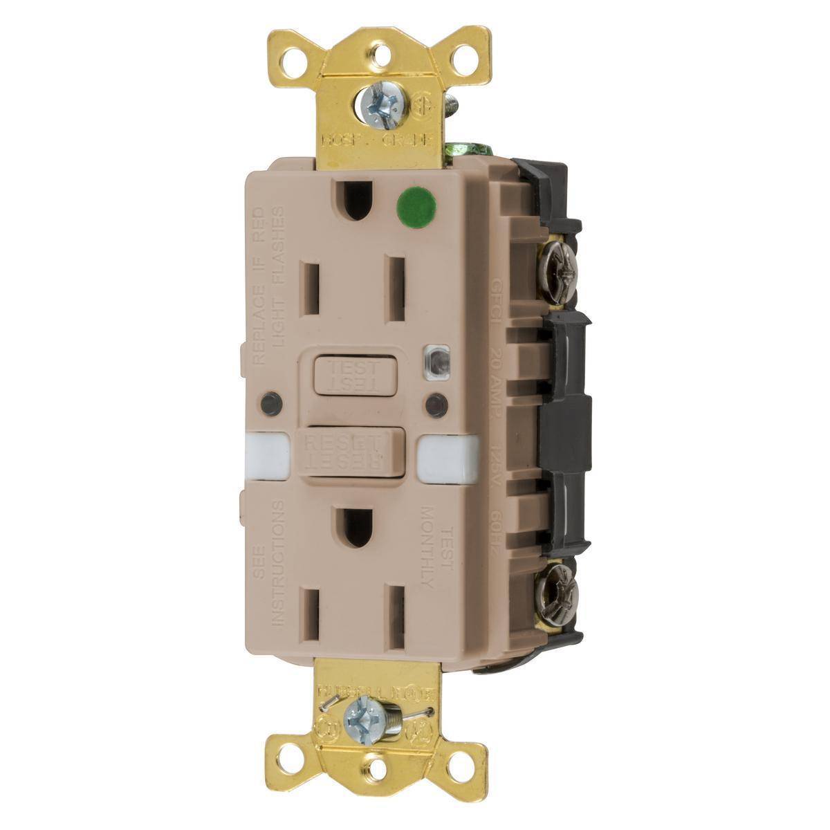 Wiring Device-Kellems AUTOGUARD® GFRST82ALNL Grounding Heavy Duty Standard Self-Test Straight Blade Style Line GFCI Receptacle With (2) LED Nightlight, 125 VAC, 15 A, 2 Poles, 3 Wires, Almond