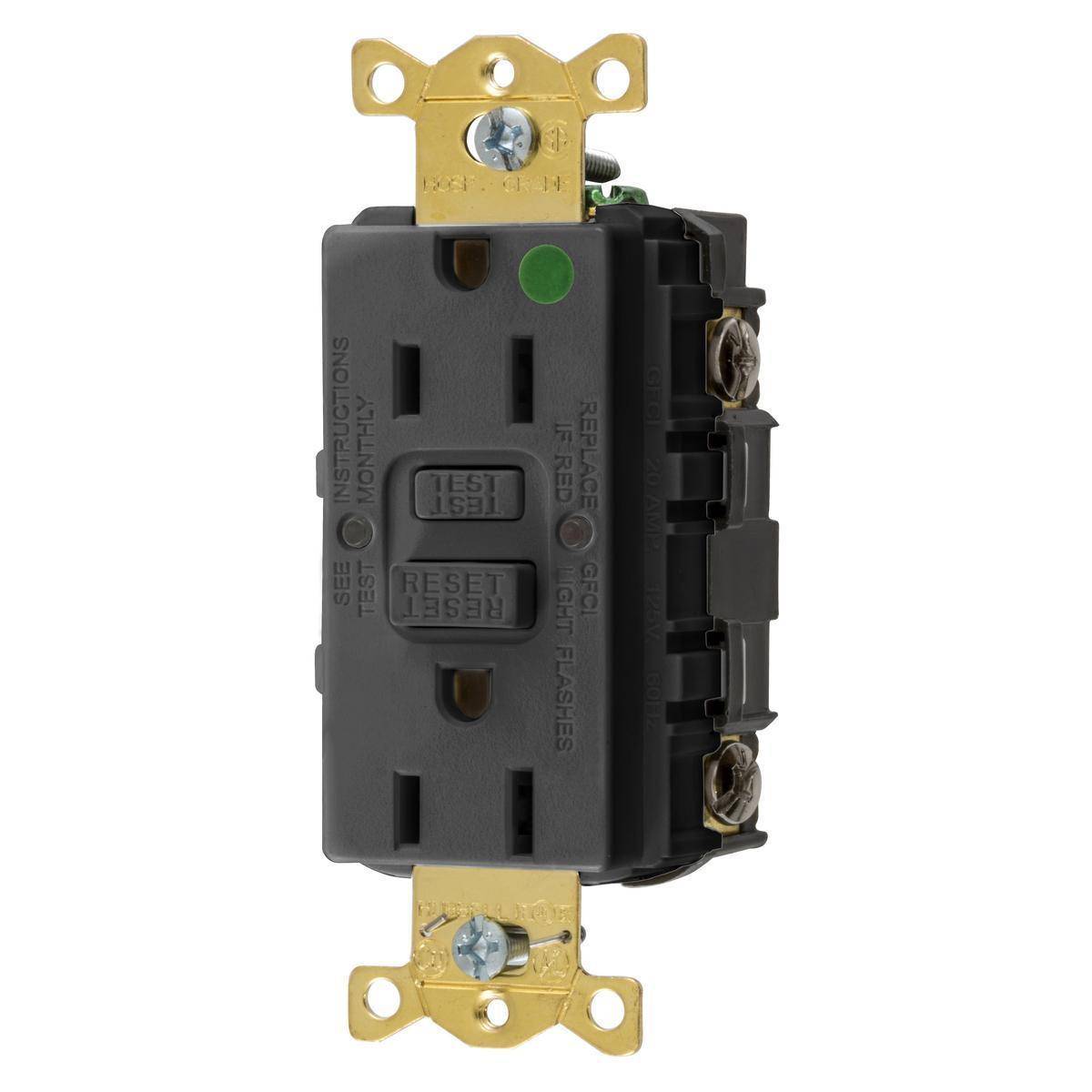 Wiring Device-Kellems GFRST82BK Decorator Duplex Self-Test Standard Straight Blade GFCI Receptacle, 125 VAC, 15 A, 2 Poles, 3 Wires, Black