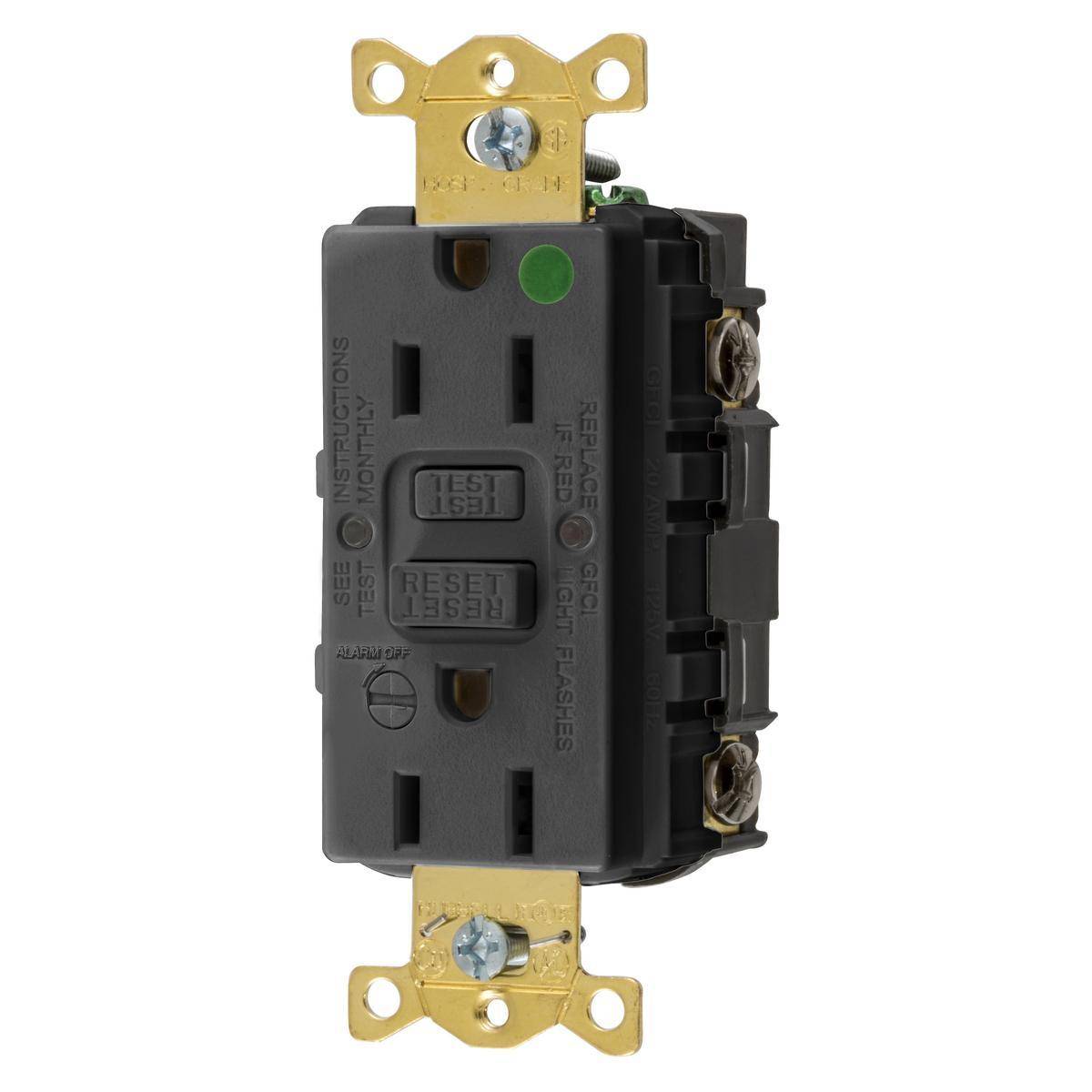 Wiring Device-Kellems AUTOGUARD® Style Line® GFRST82BKB Self-Test Standard GFCI Receptacle With Alarm, 125 VAC, 15 A, 2 Poles, 3 Wires, Black