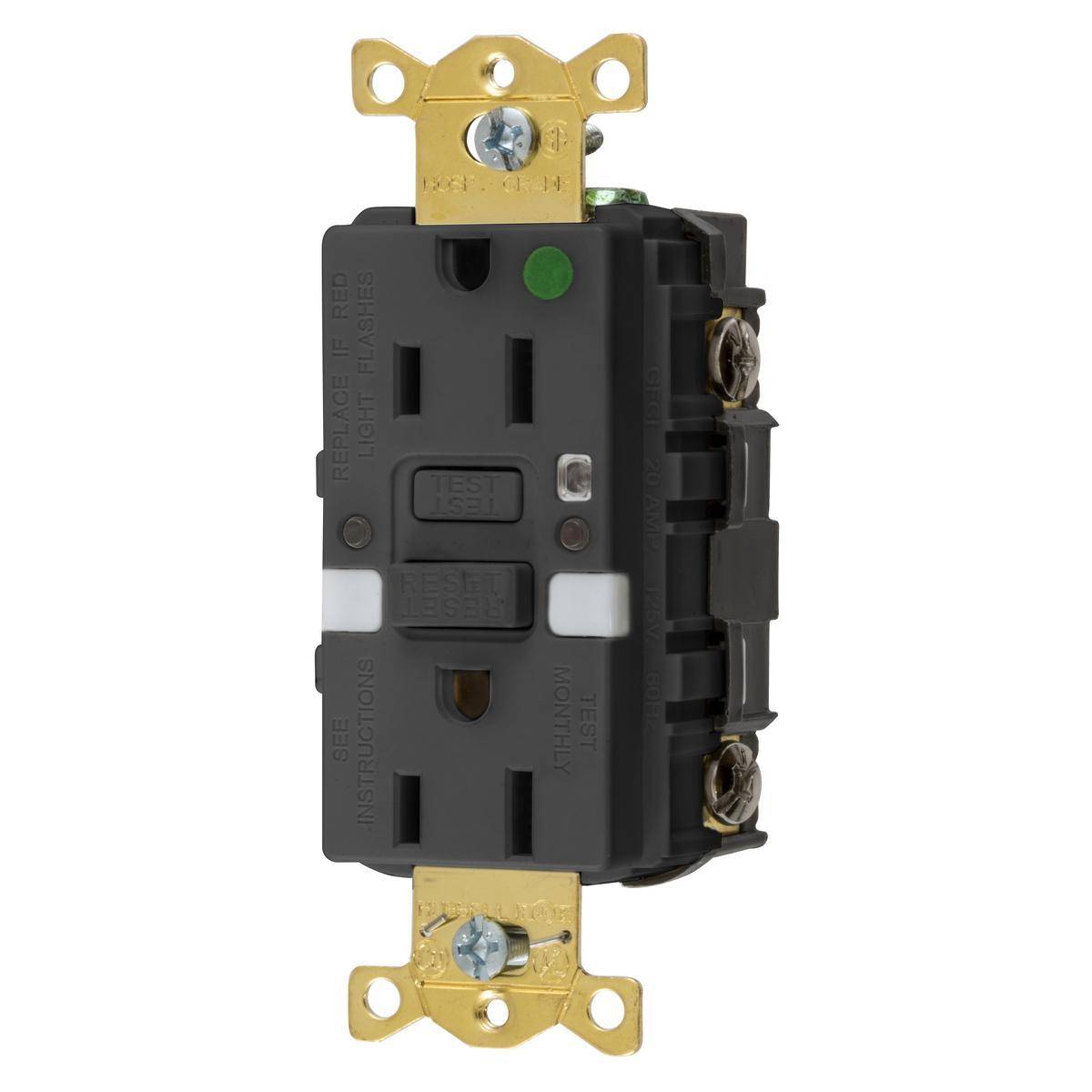 Wiring Device-Kellems GFRST82BKNL Grounding Heavy Duty Standard Self-Test Straight Blade GFCI Receptacle, 125 VAC, 15 A, 2 Poles, 3 Wires, Black