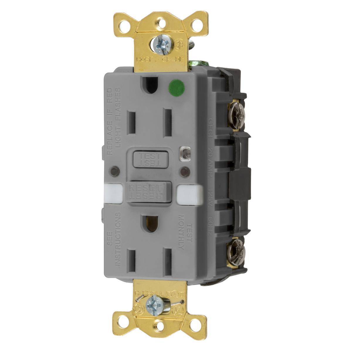 Wiring Device-Kellems GFRST82GYNL Grounding Heavy Duty Standard Self-Test Straight Blade GFCI Receptacle, 125 VAC, 15 A, 2 Poles, 3 Wires, Gray