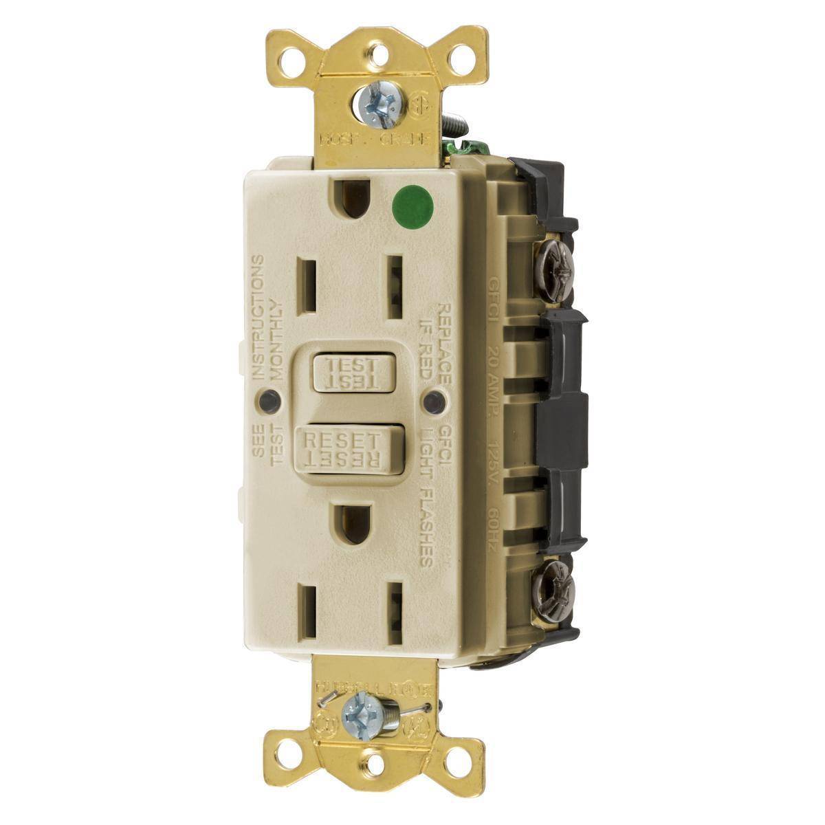 Wiring Device-Kellems GFRST82I 1-Phase Decorator Duplex Self-Test Standard Straight Blade Screw Mount GFCI Receptacle, 125 VAC, 15 A, 2 Poles, 3 Wires, Ivory