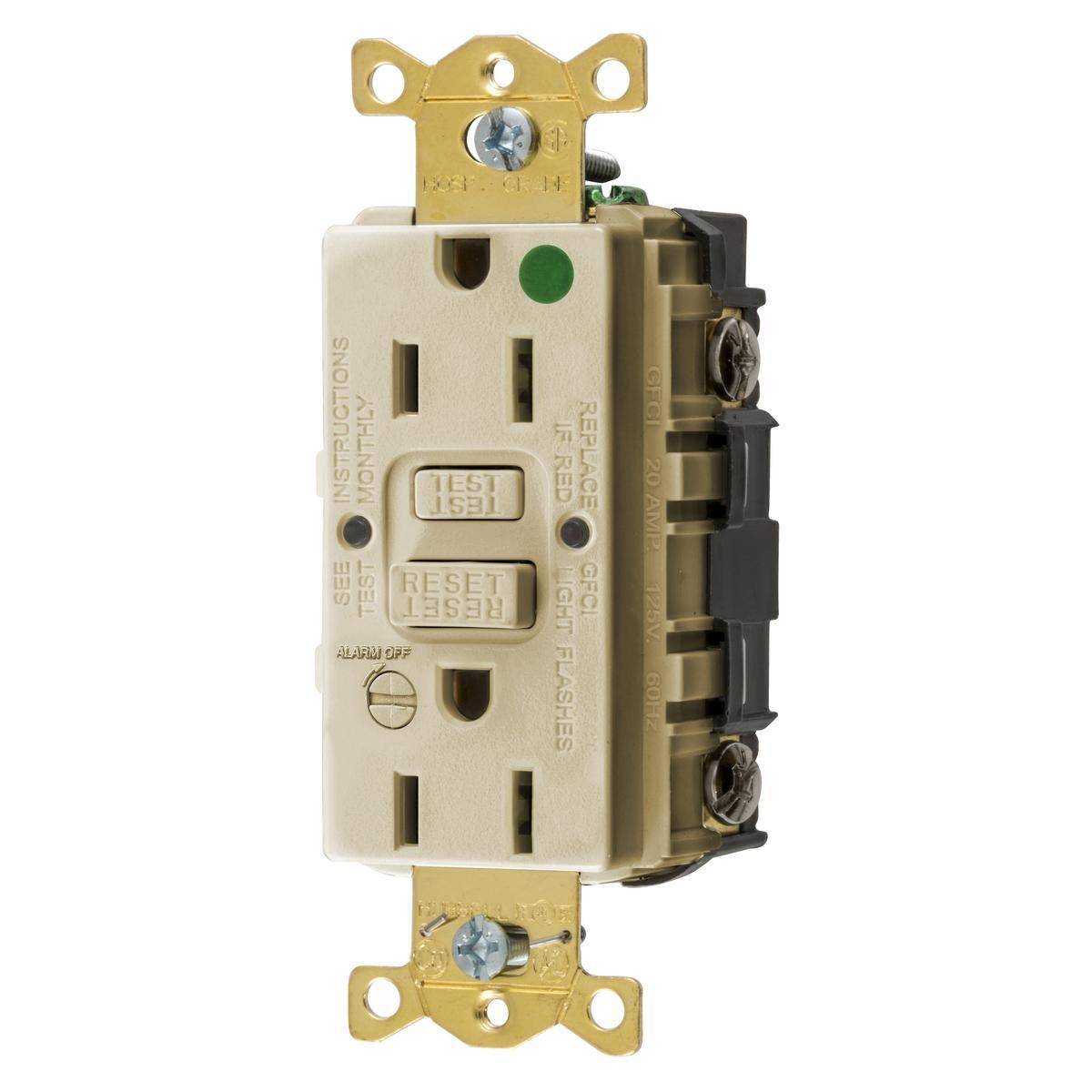 Wiring Device-Kellems AUTOGUARD® Style Line® GFRST82IB Self-Test Standard GFCI Receptacle With Alarm, 125 VAC, 15 A, 2 Poles, 3 Wires, Ivory