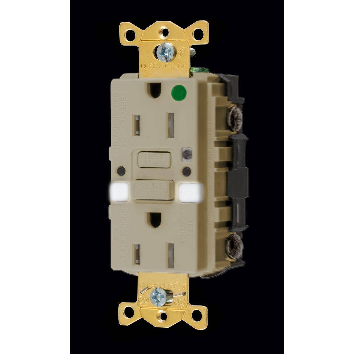 Wiring Device-Kellems AUTOGUARD® GFRST82INL 1-Phase Grounding Heavy Duty Standard Self-Test Straight Blade Style Line GFCI Receptacle With (2) LED Nightlight, 125 VAC, 15 A, 2 Poles, 3 Wires, Ivory