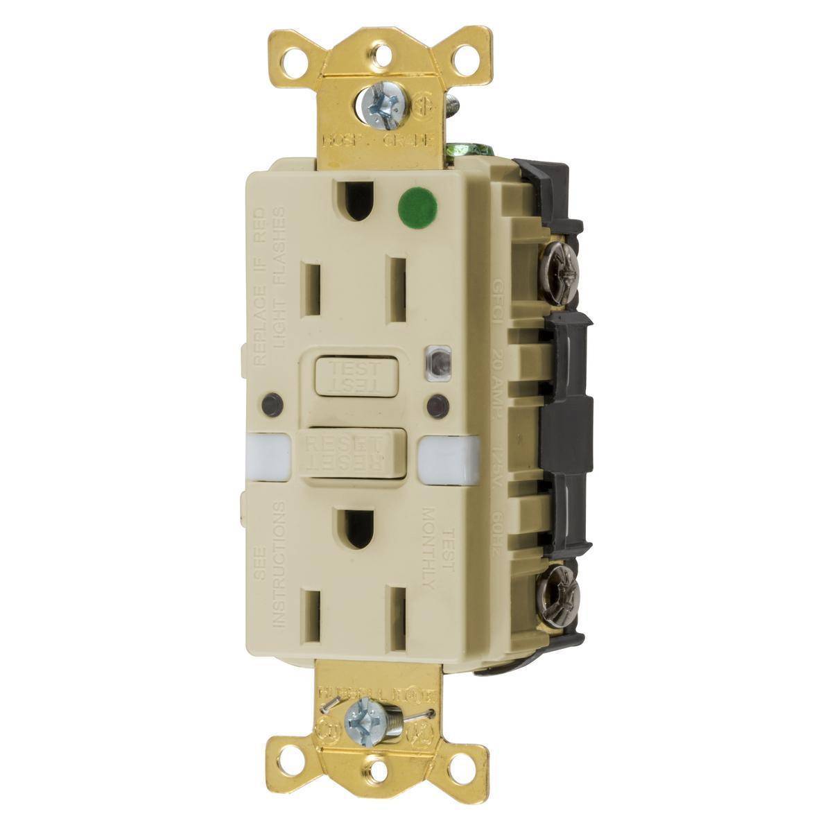 Wiring Device-Kellems AUTOGUARD® GFRST82INL 1-Phase Grounding Heavy Duty Standard Self-Test Straight Blade Style Line GFCI Receptacle With (2) LED Nightlight, 125 VAC, 15 A, 2 Poles, 3 Wires, Ivory